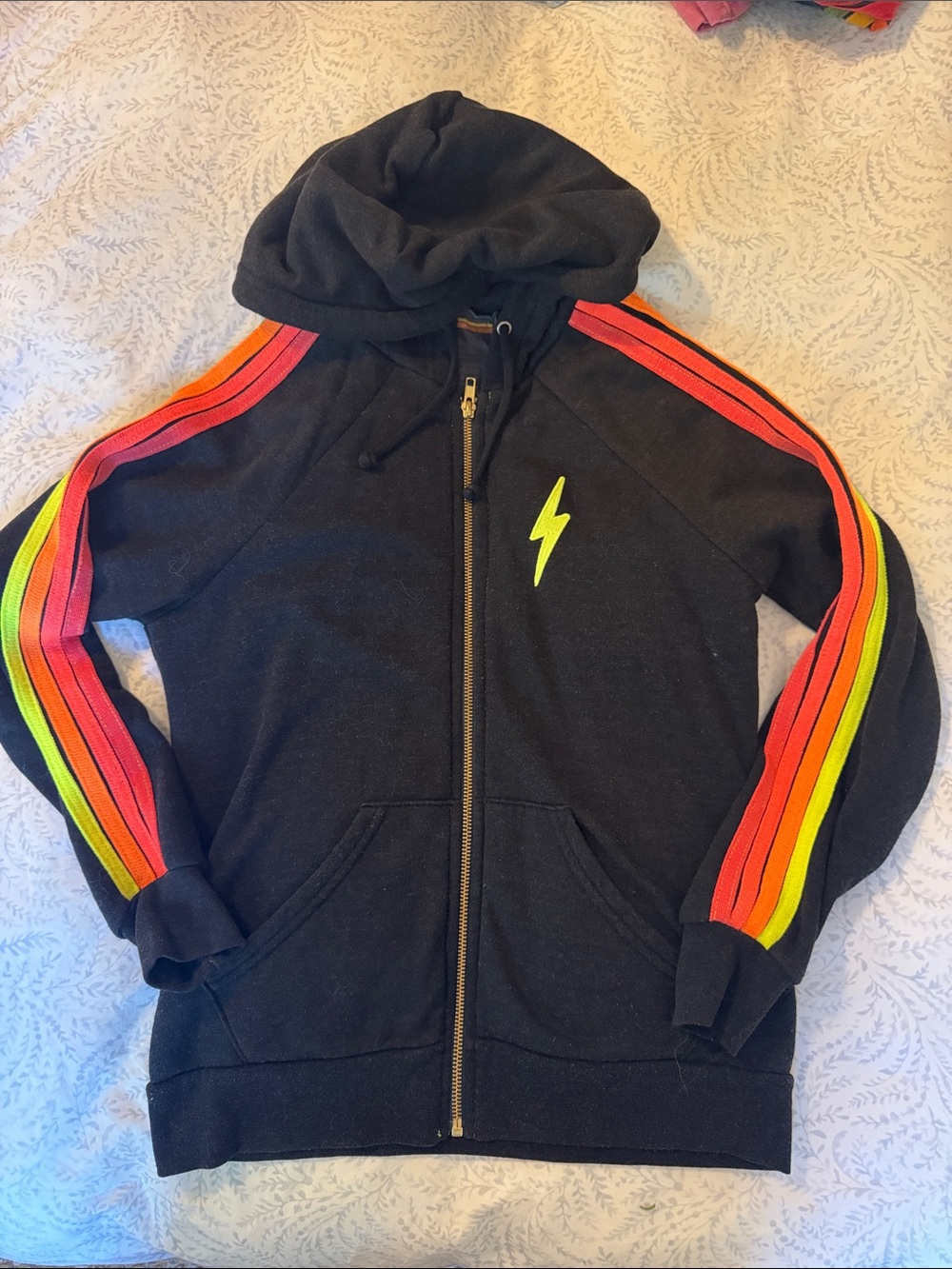Aviator Natopn Heather Black Zip-Up Hoodie with Neon Stripe Sleeves
